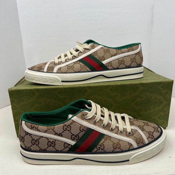 Gucci GG Canvas Sneakers Green Trim Web Stripe Tennis 1977 Designer Shoes - Picture 1 of 16